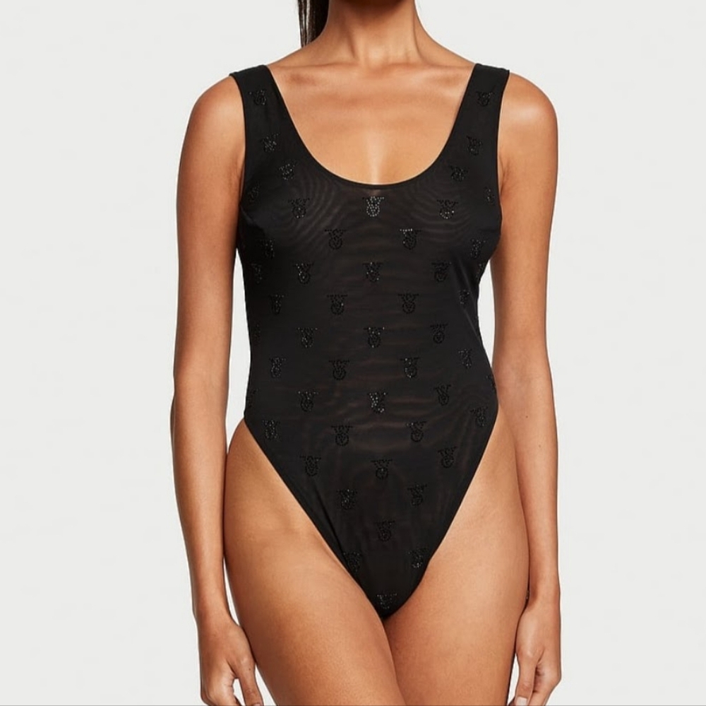 Victoria's Secret VERY SEXY Rhinestone Shine Mesh Sheer T- Shirt Style Bodysuit.